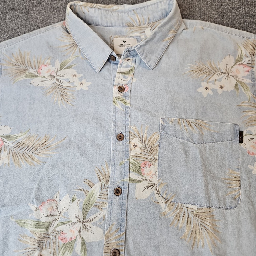 Ripcurl Men's‎ Chambray Hawaiian Aloha Shirt Size XL Blue Floral